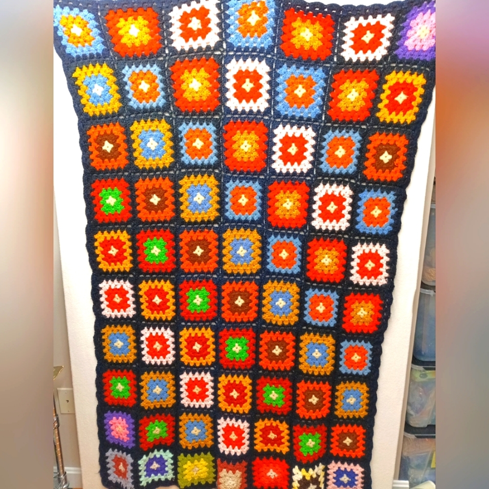 Granny Square Afghan Crochet Throw Blanket Handmade 64x38 Vintage Multi-Color